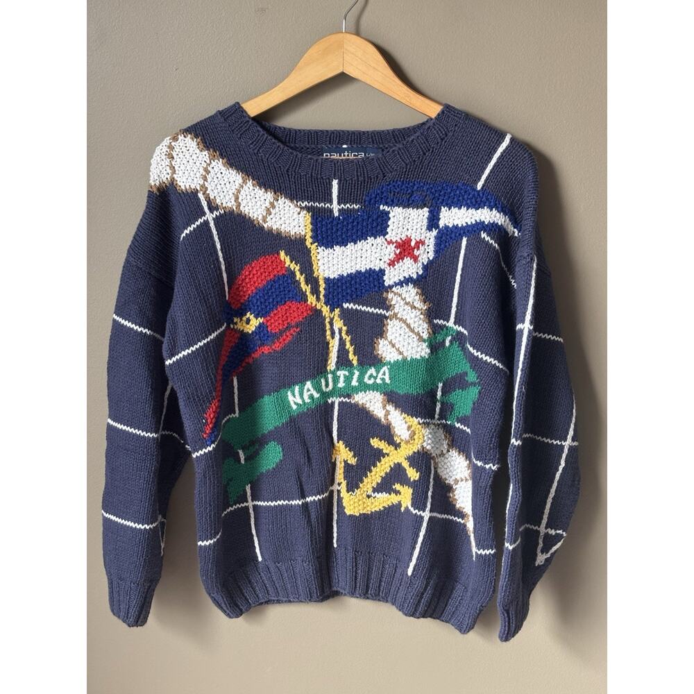 Vintage 90s Nautica Graphic Sweater Chunky Fisherman Preppy Coastal Yachtcore XS
